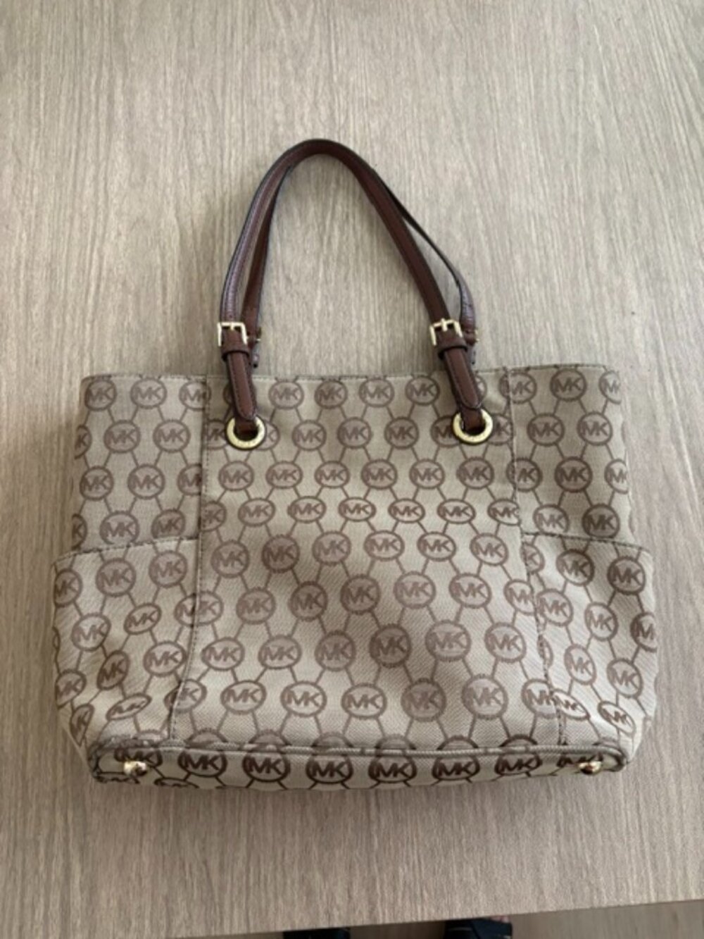 Michael Kors Beige/Brown Jet Set Tote with Brown Leather Trim